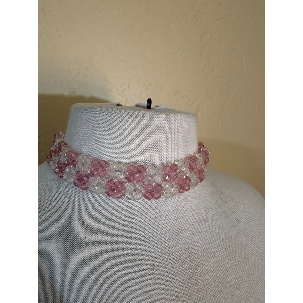 Pink Clear Beaded Choker Necklace Woven Faceted Acrylic‎ Adjustable Collar
